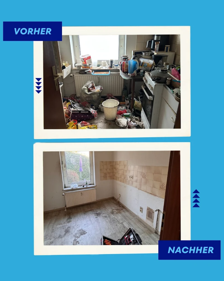 Entrümpelung Vorher-Nachher: Küche vor und nach der professionellen Räumung durch NordClean