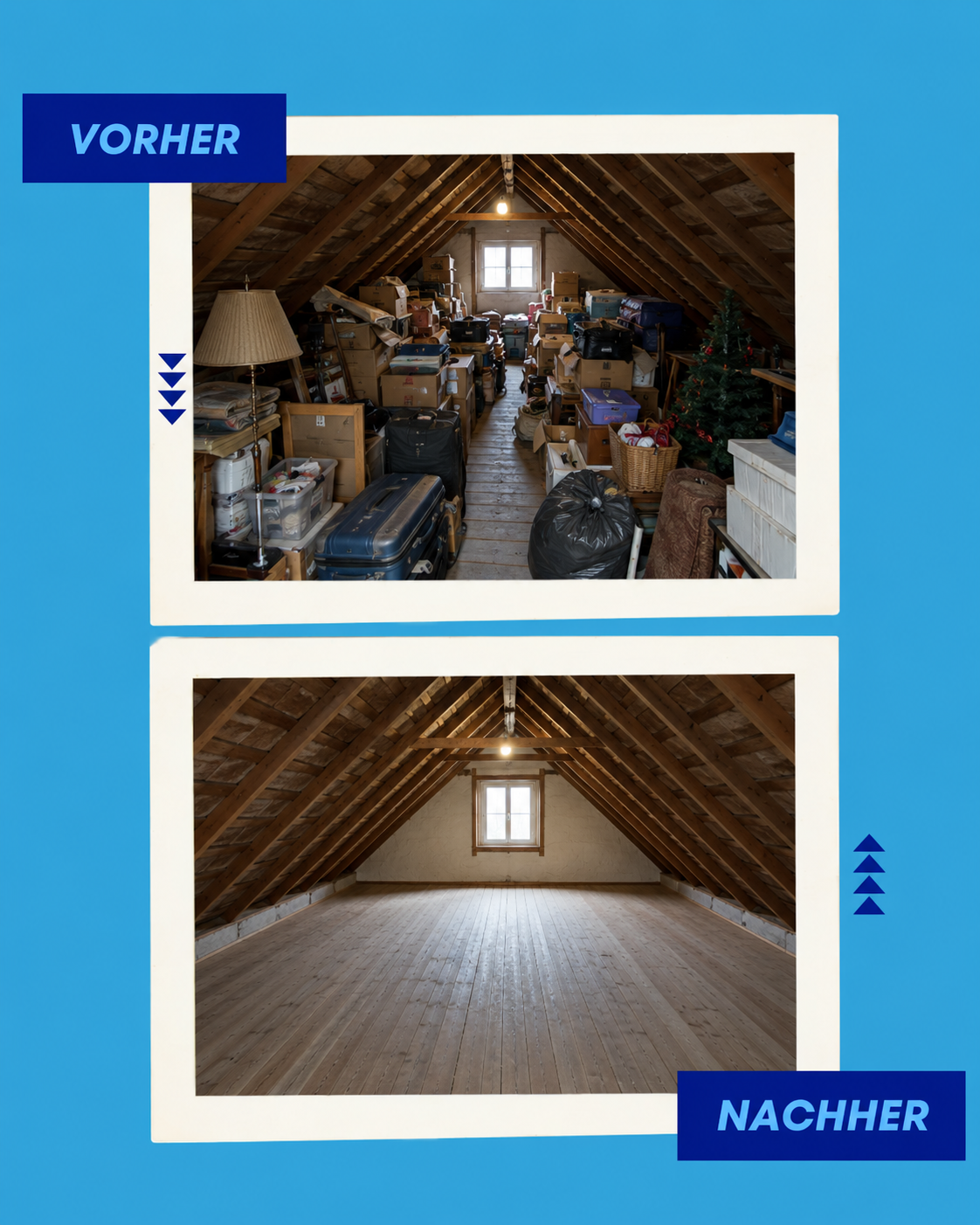 Entrümpelung Vorher-Nachher: Dachboden vor und nach der Räumung durch NordClean