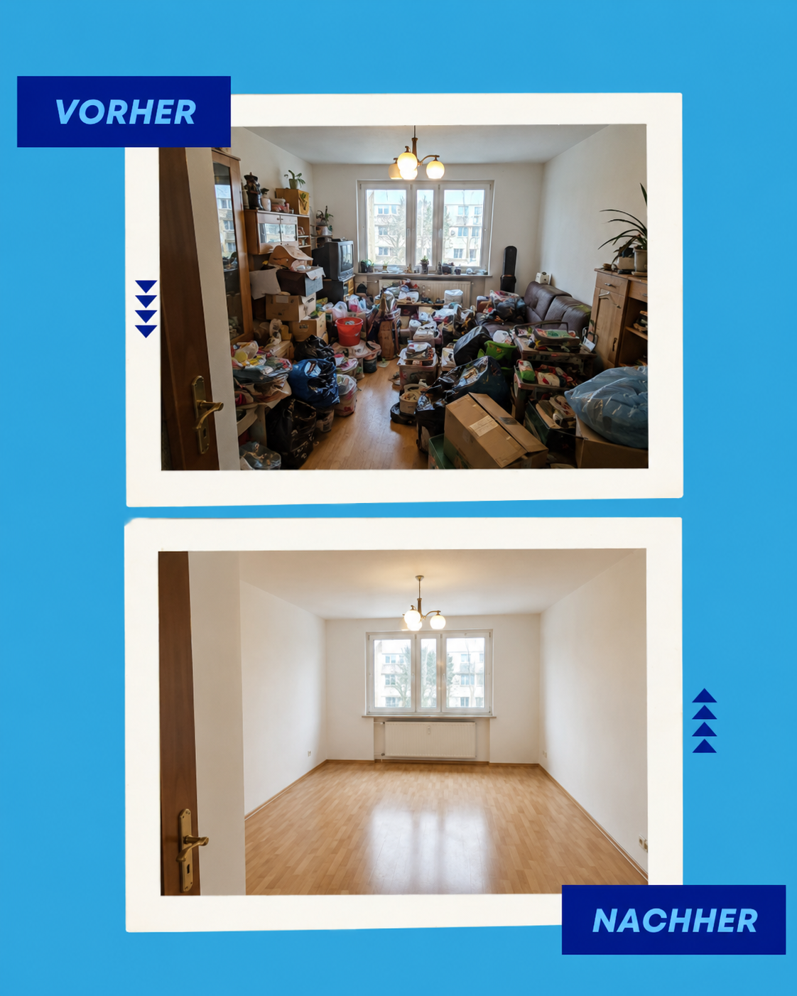 Entrümpelung Vorher-Nachher: Wohnzimmer vor und nach der Entrümpelung durch NordClean
